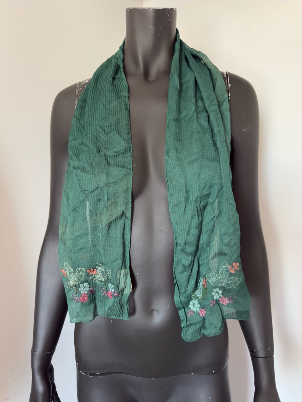 April Cornell Sheer Embroidered Floral Scarf Green Vintage Boho